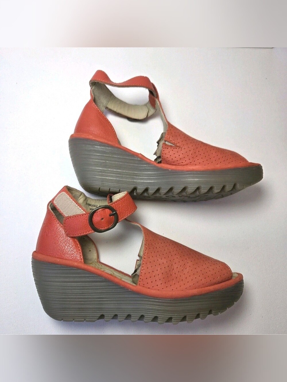 FLY London EU 37 Orange Leather Wedge Sandals Platform Peep Toe Cutout